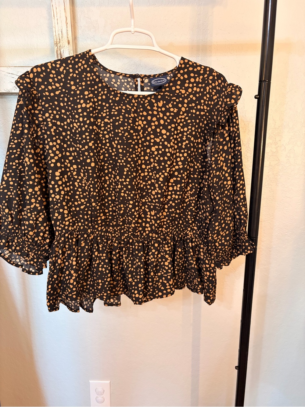 Black Peplum Blouse with Tan Polka Dot Print